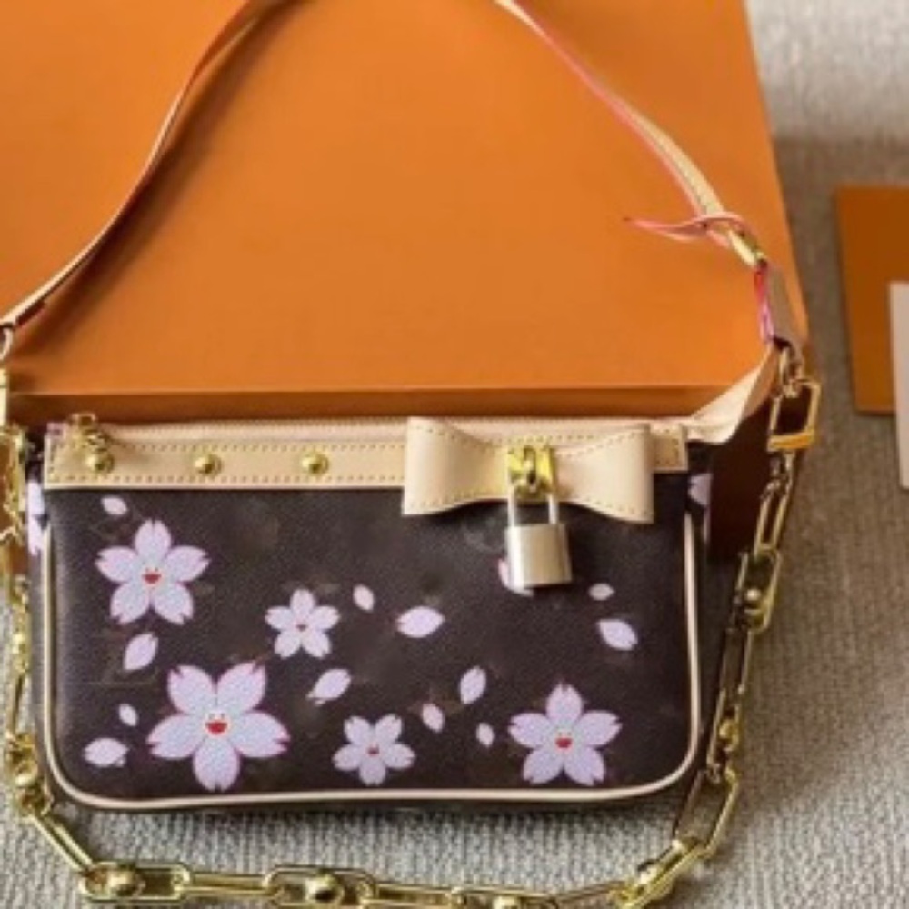 Brown and Gold Floral Shoulder Bag with Gold Hardware